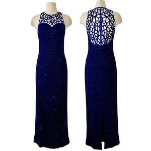 Scala Beaded Silk Evening Gown with Cutout Neckline Maxi Dress Blue L